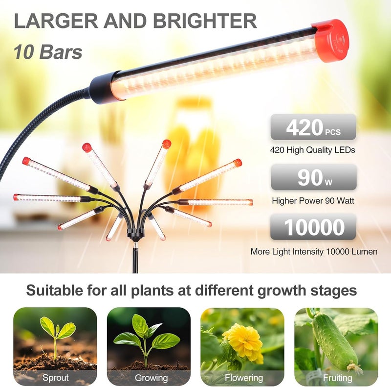 FECiDA Gamechanger! 90W, NOT 24W, Bright Beyond Your Imagination, 10Head Stand Grow Lights for Indoor Plants, Big Coverage Full Spectrum LED Plant Grow Light for Bonsai Tree, Tall Plant, 4,8,12 Hr Timer - Image 5